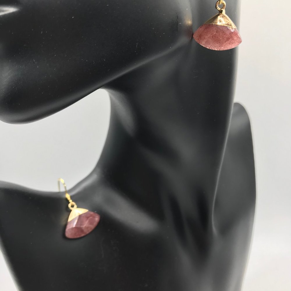 Quartz Gemstone Strawberry Faceted Quartz "Fan" Earrings Unique and Brand NEW